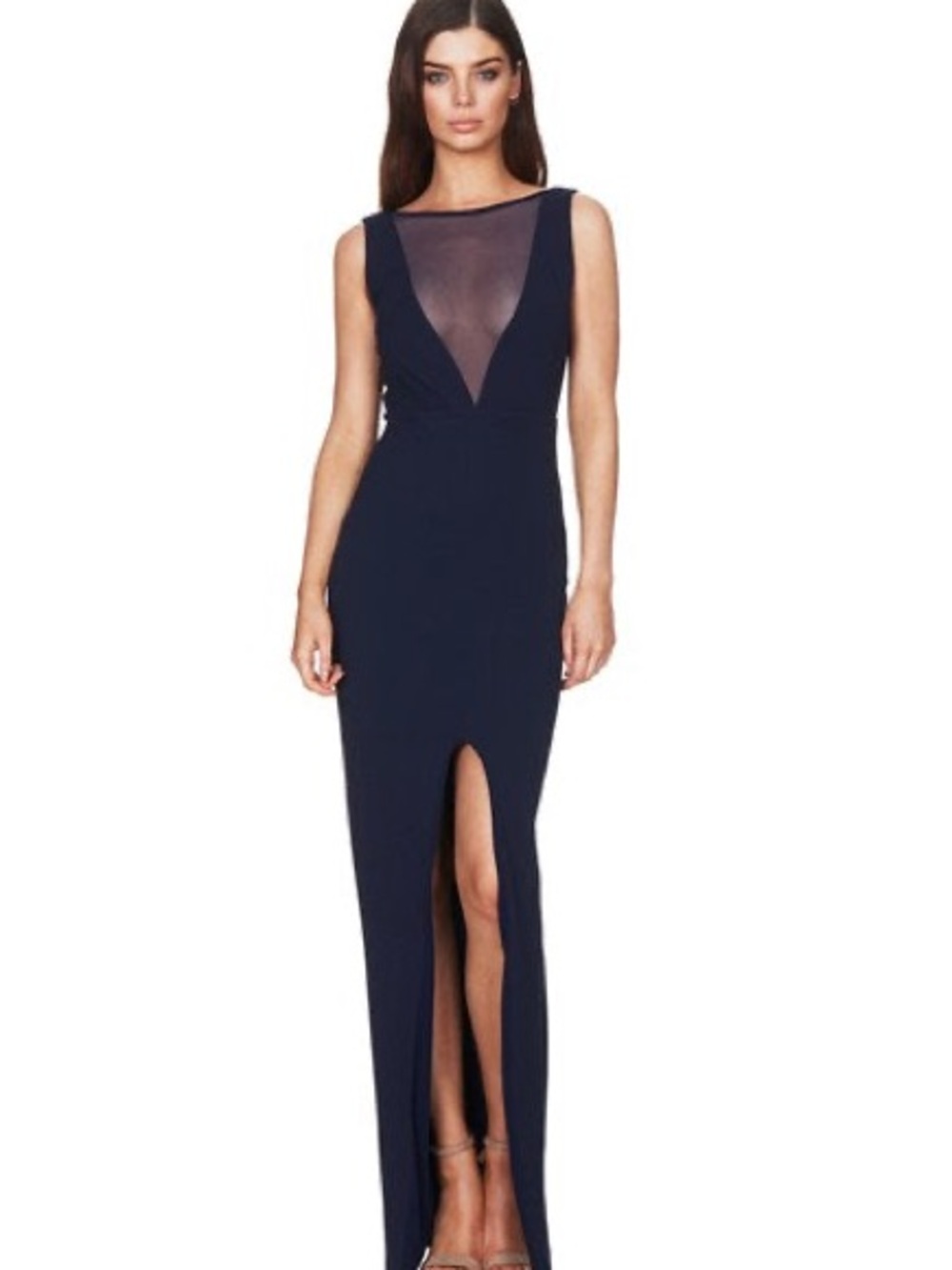 Nookie Navy Sleeveless Maxi Dress with Mesh V-Inset and Front Slit